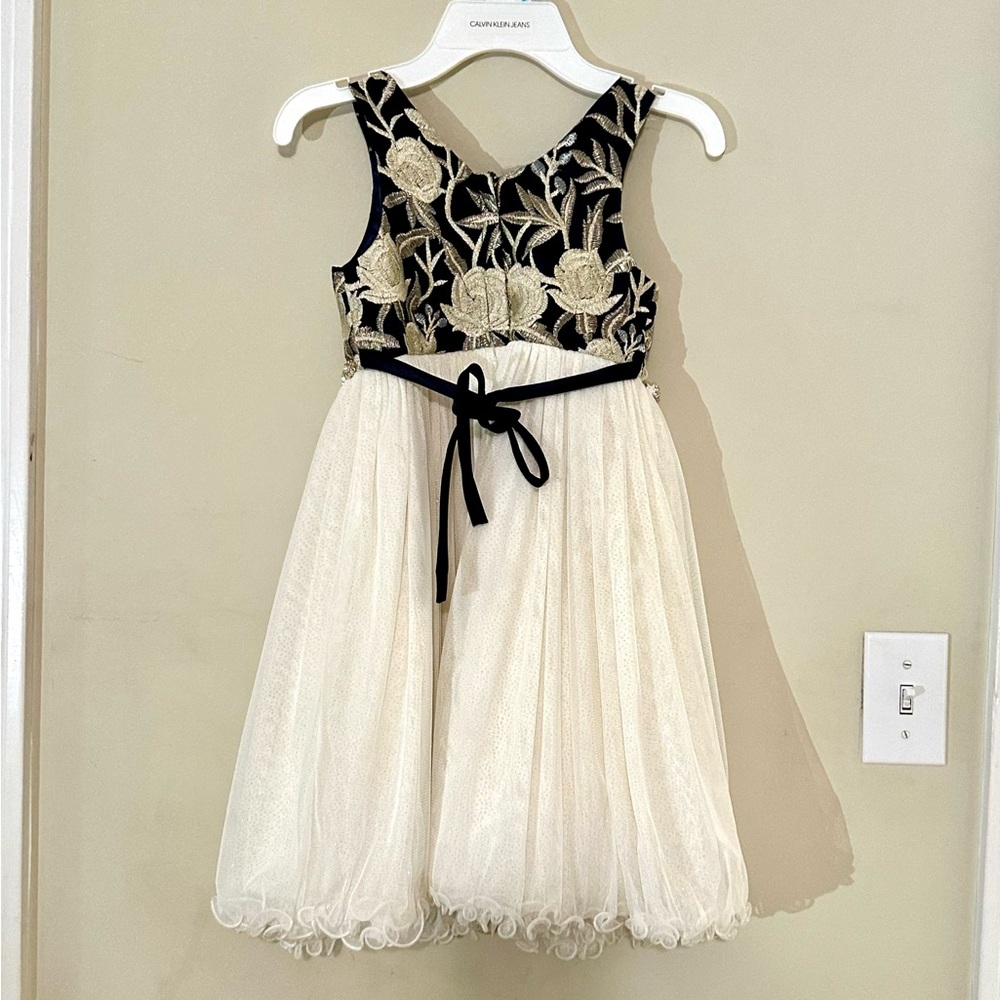 Navy blue and white embroidery and detailed girls' party dress